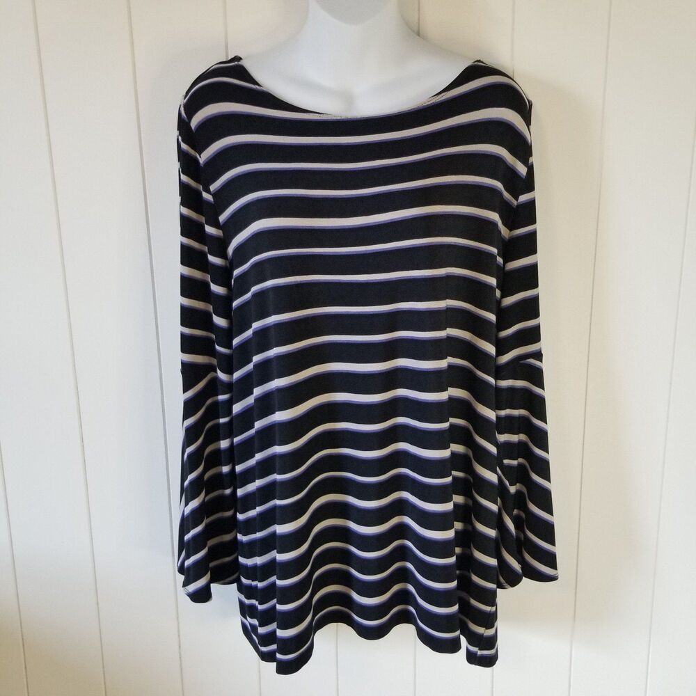 Chico’s Travelers XL 16/18 Slinky Knit 3/4 Bell Sleeve Top Black Sripe